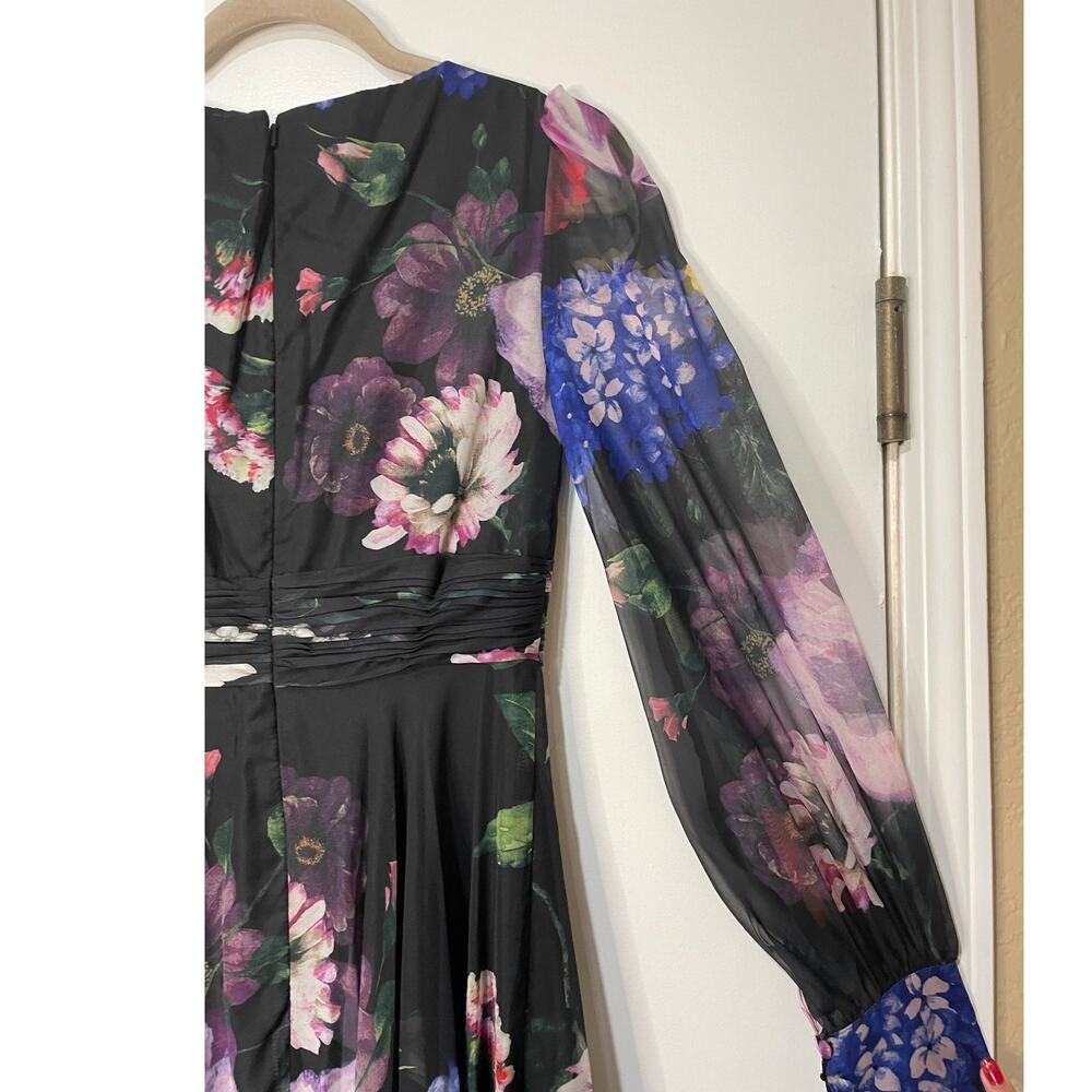 Mac Duggal Long Sleeve Floral Chiffon Gown Black Print 67872 Sz 2 NWT Romantic - Picture 13 of 16
